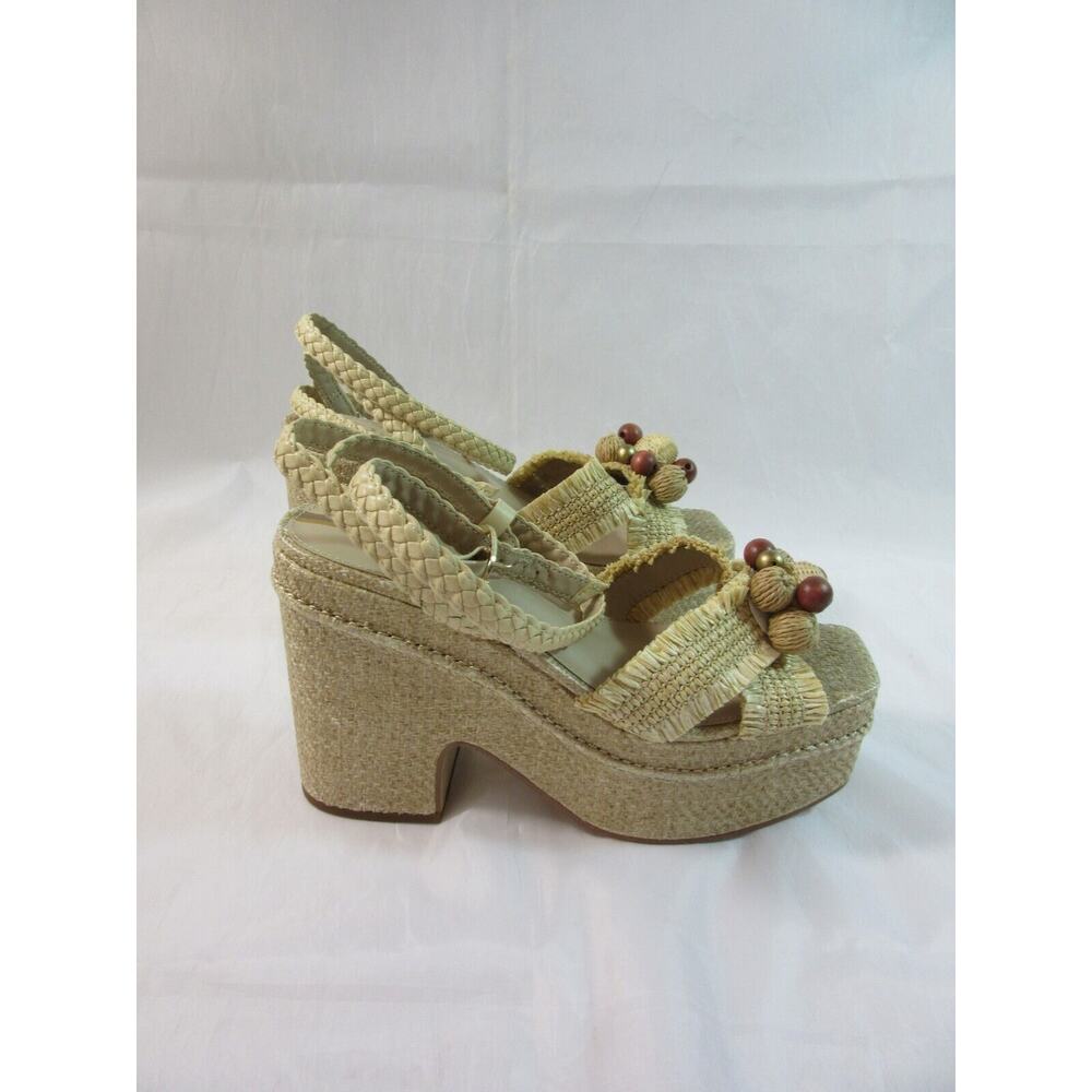 SAM EDELMAN Tan Size 10 Raffia Tropical Beaded Platform Wedge Ankle Strap Sandal - Picture 3 of 8